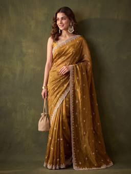 Koskii - Mehendi Green Tissue Cut Dana Saree with Matching Blouse Piece