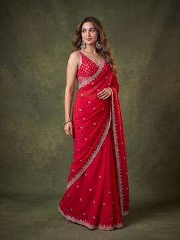 Koskii - Red Tissue Cut Dana Saree with Matching Blouse Piece