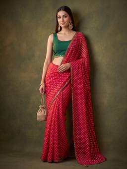 Koskii - Rani Pink Chanderi Mirror Work Saree with Matching Blouse Piece