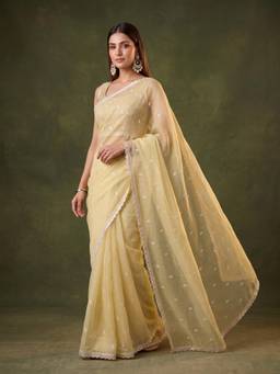Koskii - Yellow Chiffon Thread Work Saree with Matching Blouse Piece