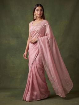 Koskii - Lavender Satin Gold Stone Work Saree with Matching Blouse Piece