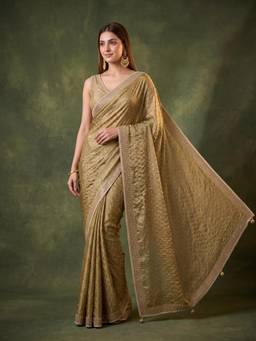 Koskii - Mehendi Green Tissue Gold Stone Work Saree with Matching Blouse Piece