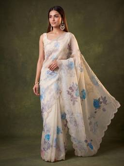Koskii - Off White Satin Floral Gold Stone Work Saree with Matching Blouse Piece