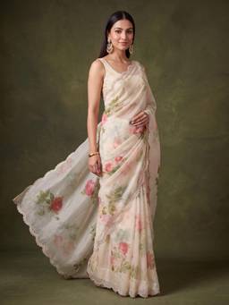 Koskii - Off White Satin Floral Printed Gold Stone Work Saree with Matching Blouse Piece