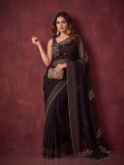 Koskii - Black Tissue Gold Stone Work Saree with Matching Blouse Piece