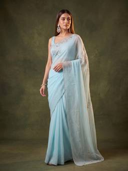 Koskii - Sky Blue Tissue Gold Stone Work Saree with Matching Blouse Piece