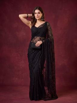 Koskii - Black Satin Swarovski Saree with Matching Blouse Piece