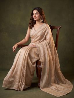 Koskii - Beige Tissue Gold Stone Work Saree with Matching Blouse Piece