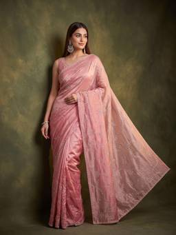 Koskii - Onion Pink Tissue Gold Stone Work Saree with Matching Blouse Piece