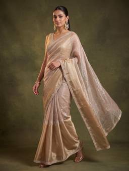 Koskii - Beige Satin Gold Zari Work Saree with Matching Blouse Piece