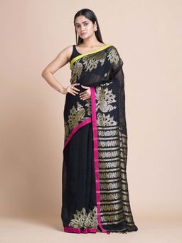 Beatitude - Black Handwoven Cotton and Organic Linen Jacquard Saree with Unstitched Blouse