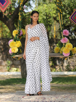 Swtantra - White & Black Polka Dot Saree with Sequin Lace Without Blouse