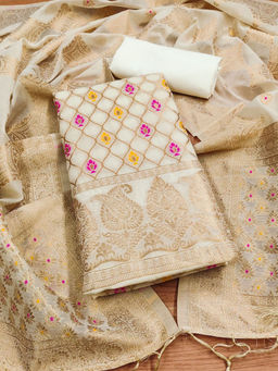APAAPI THREADS OF GLORY - Ivory Woven Chanderi Silk Unstitched Dress Material (Set of 3)