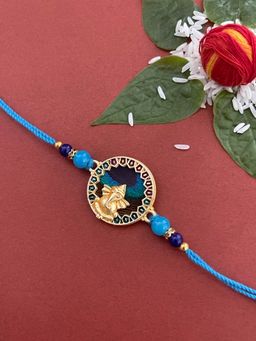 Digital Dress Room - Designer Rakhi Round Peacock Feather Lord Ganesha Beads Blue Thread Rakhi