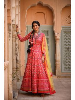 Scakhi - Fuchsia Cotton Silk Patola Print Anarkali With Belt And Net Dupatta (Set of 3)