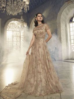 Odette - Beige Net Embroidered Semi Stitched Kurta (Set of 3)
