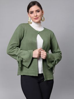 Mafadeny - Women Solid Long Sleeves Round Neck Viscose Green Winter Shrug