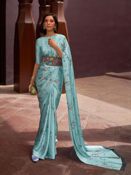 Odette - Festive Blue Satin Printed Saree with Unstitched Blouse