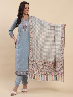 La Vastraa - White Floral Woven Check Shawl
