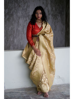 BEGUM BELIYA - Timeless Classic Beige Banarasi Saree with Unstitched Blouse