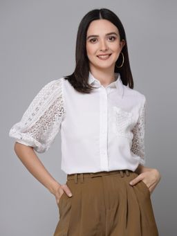 Style Quotient - Women Solid White Polymoss Formal Shirt