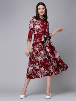 Style Quotient - Women Floral Printed Wine And Multi Polyester Smart Casual Dress (Set of 2)