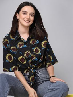Style Quotient - Women Black Yellow Printed Polyester Boxy Casual Shirt