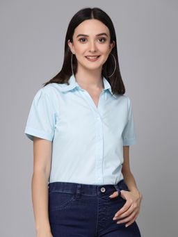 Style Quotient - Women Light Blue Cotton Blend Formal Short Sleeve Shirt