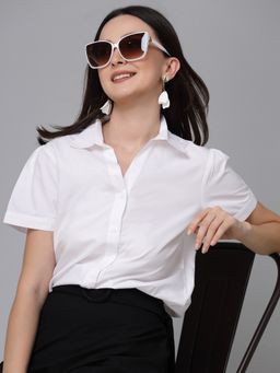 Style Quotient - Women White Cotton Blend Formal Short Sleeve Shirt
