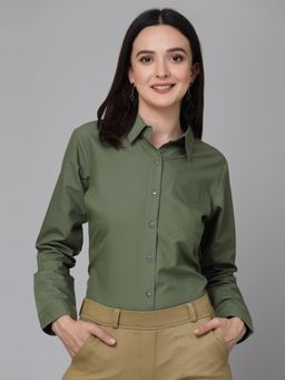 Style Quotient - Women Olive Cotton Blend Formal Long Sleeve Shirt