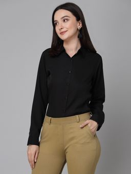 Style Quotient - Women Solid Black Polycrepe Formal Shirt