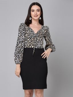 Style Quotient - Women Tan And Black Animal Printed Polyester Smart Casual Bodycon Dress