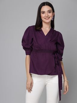 Style Quotient - Women Solid Purple Polyester Smart Casual Wrap Top