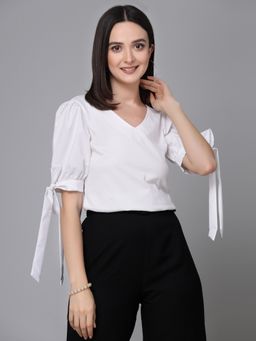 Style Quotient - Women White Knit Fitted Smart Casual Top