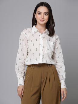 Style Quotient - White And Green Cactus Printed Cotton Boxy Fit Smart Casual Shirt