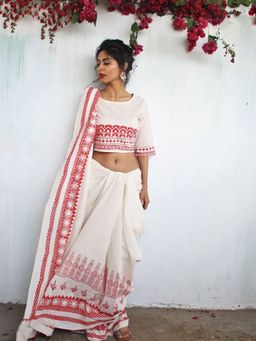 Chidiyaa - Ivory Charm Handblockprinted Cotton Saree