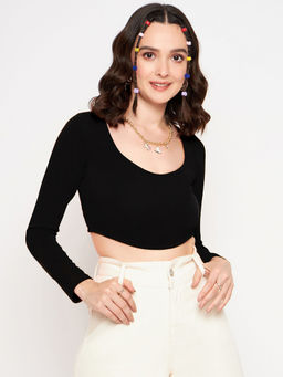 Uptownie - Stretchable Polyester Round Neck Full Sleeves Crop Top -Black
