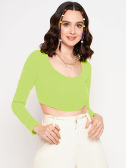 Uptownie - Stretchable Polyester Round Neck Full Sleeves Crop Top -Green