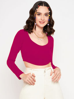 Uptownie - Stretchable Polyester Round Neck Full Sleeves Crop Top -Magenta