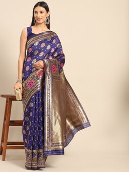 Akhilam - Womens Silk Blend Navy Blue Woven Design Celebrity Saree with Unstitched Blouse