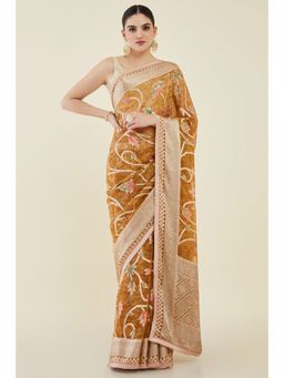 Soch - Women Gold Georgette Printed Saree with Unstitched Blouse