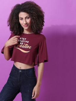 PINACOLADA - Casual Half Sleeve Printed Women Maroon Crop Top