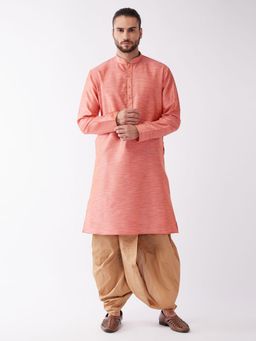 Vastramay - Mens Pink & Rose Gold Silk Blend Kurta with Dhoti (Set of 2)
