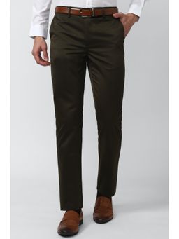 Peter England - Men Olive Solid Slim Fit Formal Trousers