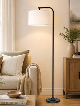 Homesake - Modern Standing Lamp With Linen Fabric Shade And Black Metal Frame Off-White