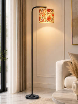 Homesake - Modern Standing Lamp With Linen Fabric Shade And Black Metal Frame Red Bird Shade