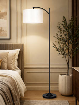 Homesake - Modern Standing Lamp With Linen Fabric Shade And Black Metal Frame Off-White