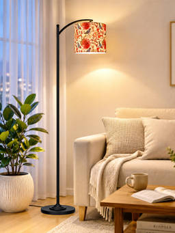 Homesake - Modern Standing Lamp With Linen Fabric Shade And Black Metal Frame Red Bird Shade