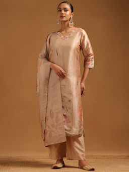 Soch - Peach Art Silk Botanical Kurta With Pant & Dupatta