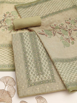Soch - Beige Floral Mirror Work Unstitched Kurta with Bottom and Dupatta
